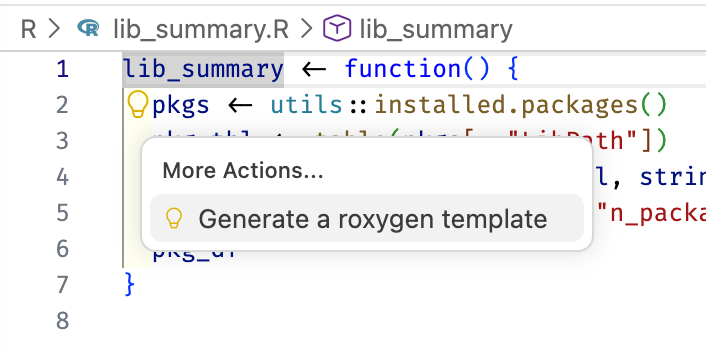 The Positron editor with the cursor in the function name lib_summary. A light bulb has appeared and its menu is open, showing the code action "Generate a roxygen template".