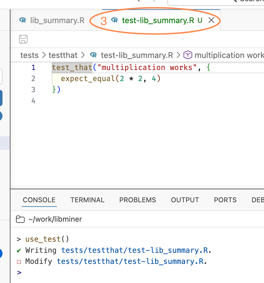 The Positron editor now showing a second tab, test-lib_summary.R, circled, containing testthat's placeholder "multiplication works" test. The console reports writing tests/testthat/test-lib_summary.R.
