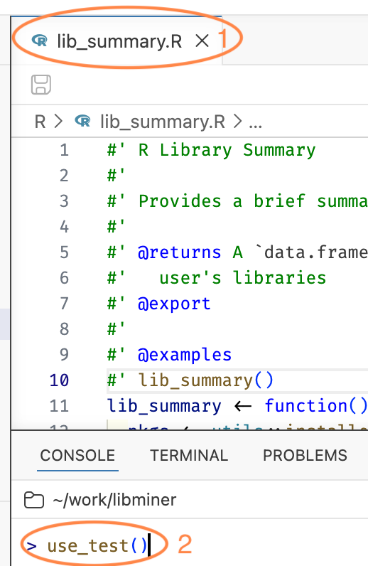 The Positron editor with R/lib_summary.R open and its tab circled, and the R console below where use_test() has been typed but not yet run.
