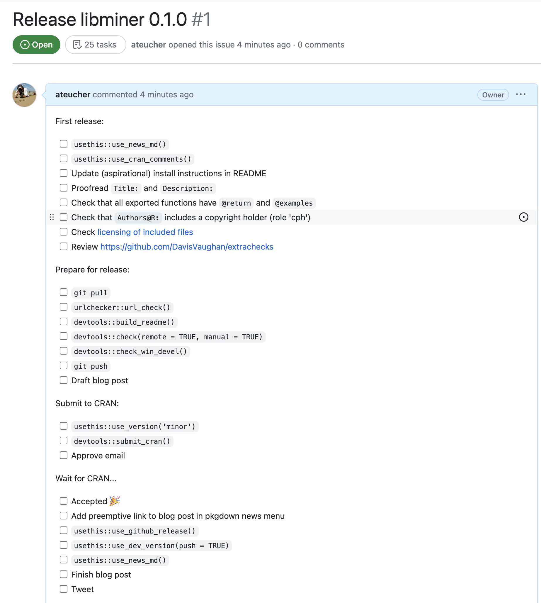 A GitHub issue titled Release libminer 0.1.0 with 25 task checkboxes, grouped into First release, Prepare for release, Submit to CRAN, and Wait for CRAN.
